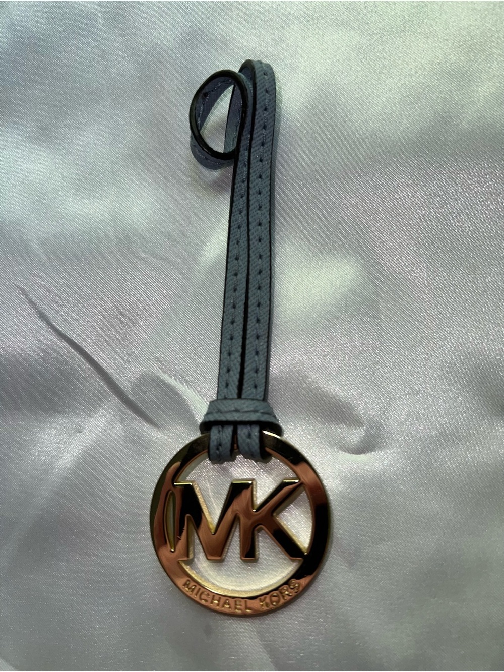 Michael Kors Gray Leather Strap Keyring with Rose Gold MK Logo